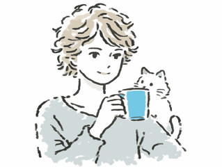 Feeling relaxed young woman enjoying a warm drink with a cat on her shoulder, illustrated style on a white background, cozy concept of caf&eacute; or pet care