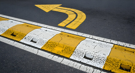 Road safety measures with speed bump and directional arrow on asphalt surface