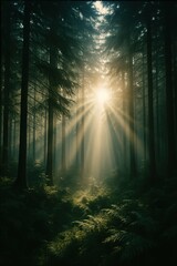 Fototapeta premium A photorealistic forest panorama with sun rays shining through tall trees, creating a misty and vibrant morning atmosphere.