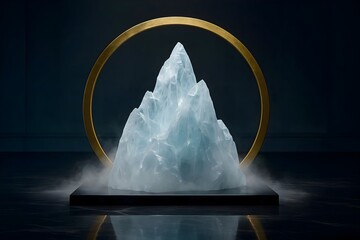 Abstract White Mountain Peak with Golden Ring in Dark Background