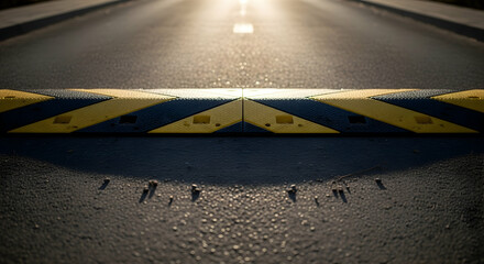 Road Safety Speed Bump With Yellow And Black Stripes On An Asphalt Road
