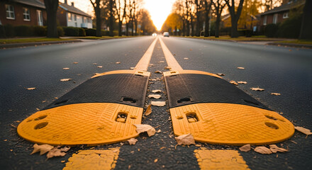 Road safety speed bumps in a suburban street creating a tranquil autumn view