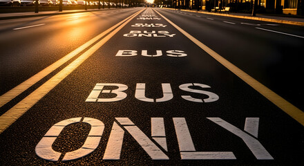 Perspective view of asphalt road with Bus Only marking and blurred city lights in background creating urban environment