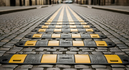 Road safety speed bumps on a paved street to slow down vehicles for pedestrian safety