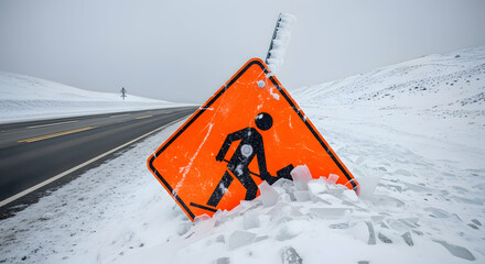 Snowy roadside scene featuring a tilted construction sign and winter landscape view