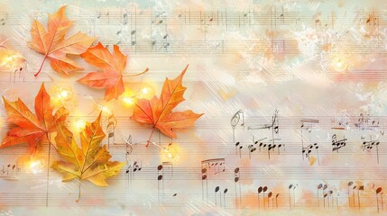 Autumn leaves in shades of orange and yellow on a soft background of musical notes. A warm, inviting scene representing the beauty of fall.