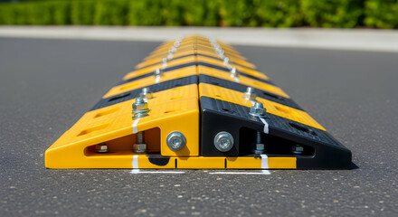 Road Safety Speed Reducer On Asphalt With Stripes Yellow And Black Colors