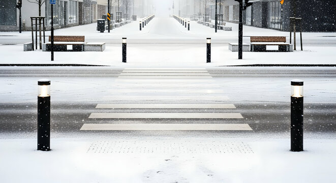 Snowy Urban Landscape: A Winter Scene of Pedestrian Crossing and Street Lights in a City
