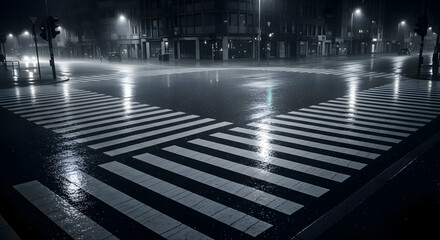Solitary Crosswalk In Cityscape Reflecting Streetlights At Night During A Heavy Rainfall