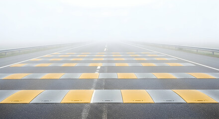 Road Safety With Speed Bumps And Fog Creating A Mysterious Journey Ahead