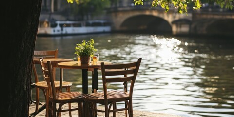 Parisian Riverfront Cafe: Tranquil Morning by the Seine