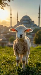 Adorable Lamb at Sunset with Mosque Background