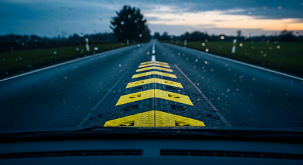 Road speed bump perspective view from car windshield on a rainy day with cloudy background and road markings