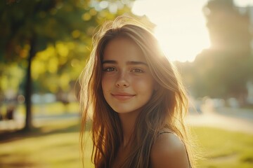 Golden Hour Portrait: A Young Woman's Serene Smile in a Summer Park