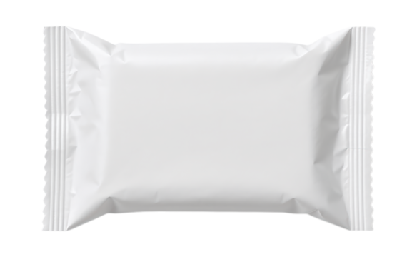 Blank White Snack Packaging Mockup, Sealed Food Wrapper Template for Chips, Cookies, Biscuits, or Sweets, Isolated on Transparent and White Background