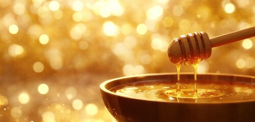 Golden Honey Dripping into Bowl, Sweetness and Delight