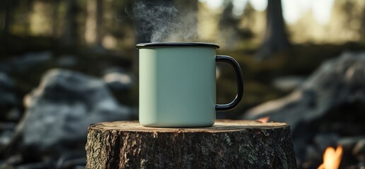 Serene Camping Moment: A Warm Mug of Coffee by a Campfire
