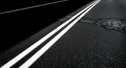 Road Surface With Double White Lines And Visible Pavement Damage On The Right Side
