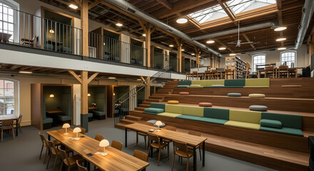 Spacious co-working area featuring tiered seating booths and a mezzanine level ideal for flexible work styles providing collaborative and individual spaces