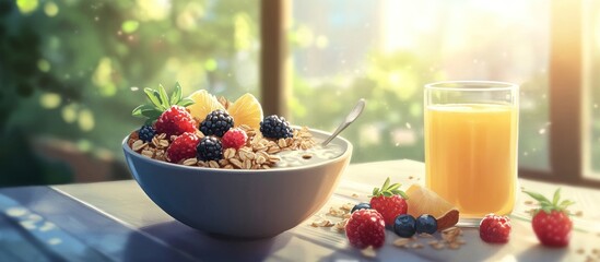 Delightful Sunny Morning Breakfast: A Bowl of Granola with Berries and Pineapple, accompanied by Orange Juice