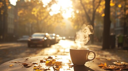 Autumn Morning Coffee: Warm Drink, Golden Leaves, and Sunlit Street