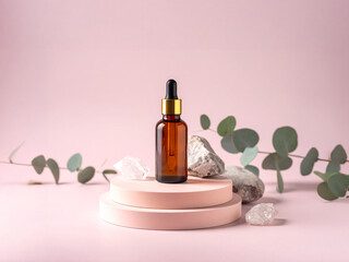 Amber Glass Dropper Bottle on Pink Stone with Rose Quartz and Eucalyptus