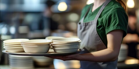 Restaurant Waitress Carrying Stack of Clean Bowls
