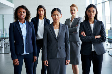 Obraz premium Group portrait of a diverse team of confident businesswomen in formal suits standing together in a modern office 