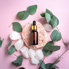 Amber Glass Dropper Bottle on Pink Stone with Rose Quartz and Eucalyptus