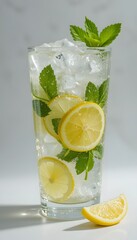 Fototapeta premium lemonade with ice, lemon slices and mint leaves in a glass