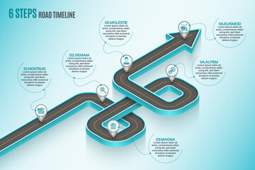 Isometric navigation map infographic 6 steps timeline concept. Winding road.