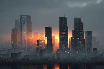 Fototapeta premium Ai models projected onto skyscrapers in future cityscape. Ai harmony. Ai market concentration: challenges and opportunities. Market dynamics. Ai in cities.