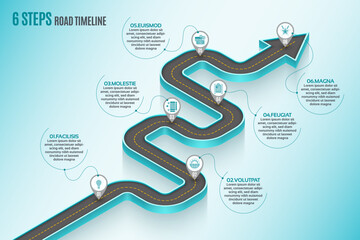 Isometric navigation map infographic 6 steps timeline concept. Winding road.