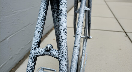 Speckled Frame Of A Bicycle In An Urban Setting With A Unique Visual Aesthetic