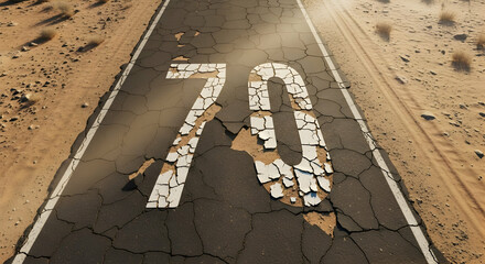 Road to nowhere: Cracked asphalt road with speed limit 70 in the middle of desert