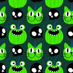 Halloween animals cartoon seamless cat monsters pattern for wrapping and kids clothes print and party accessories