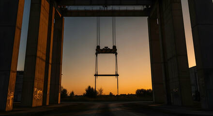 Spectacular sunset framed by industrial crane structure and concrete columns