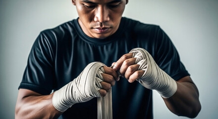 A boxer is wrapping his hands with white wraps before a fight in a gray background studio setting
