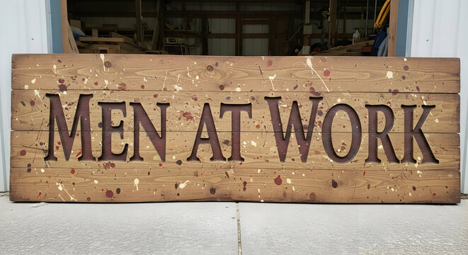 Rustic Wooden Men At Work Sign With Paint Splatters For Workplace Ambiance