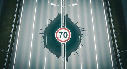 Speed ??Limit Sign Defaced with Dark Splatter On A Modern Highway