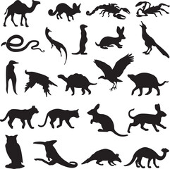 Diverse animal silhouettes including camel scorpion snake rabbit owl eagle cat and more vector