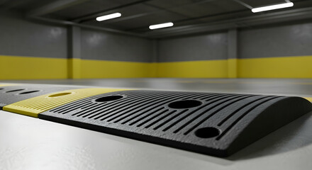 Speed Bump In An Underground Parking Lot With Yellow Safety Zone At The Back