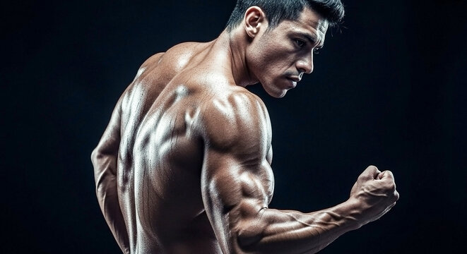 A muscular man flexing his arm and back muscles against a dark background in a studio setting - Powered by Adobe