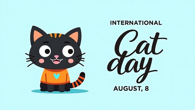 Cute cartoon black cat celebrates international cat day on august 8th
