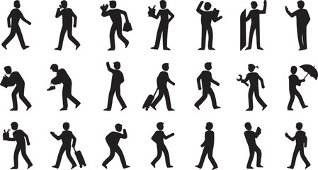 Diverse figures walking and gesturing carrying holding