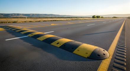 Speed bump on a long road with distant mountains and clear blue sky safety measure for traffic control and speed reduction on highways