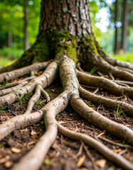 Close-up showcasing the strong, intricate root system of a mature tree in a lush, vibrant green forest setting.