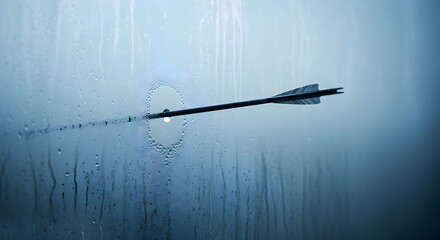 Precision shot, an arrow perfectly piercing a misted glass forming target rings perfectly showcasing success and achievement