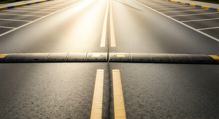 Speed bump on a parking lot road reflecting sunlight creating a sense of motion and control