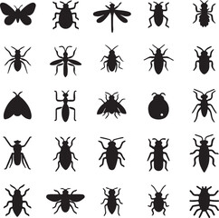 Fototapeta premium Diverse insect silhouettes black and white butterfly beetle